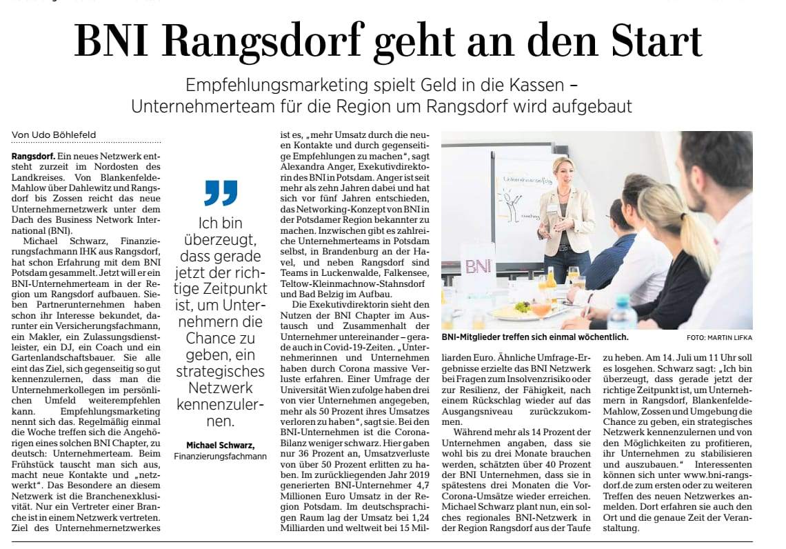 Zeitungsartikel BNI Rangsdorf
